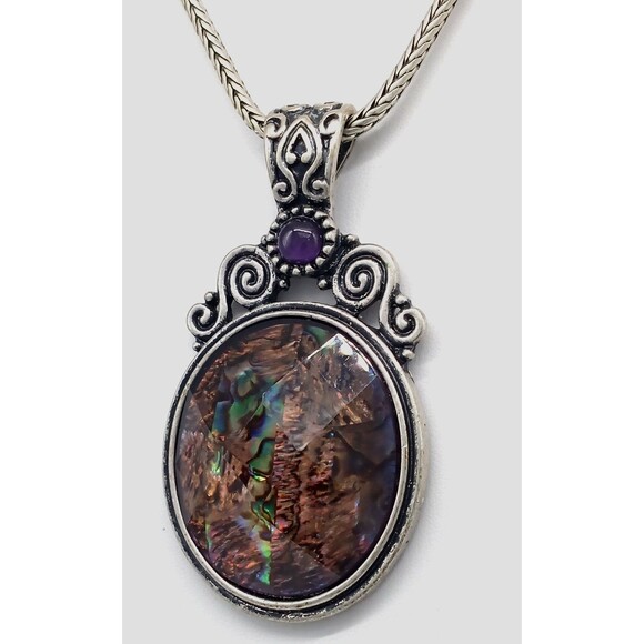 Kenneth Cole Abalone Shell Necklace Earrings Set Silver Tone Metal Swirl Ornate - Picture 17 of 17